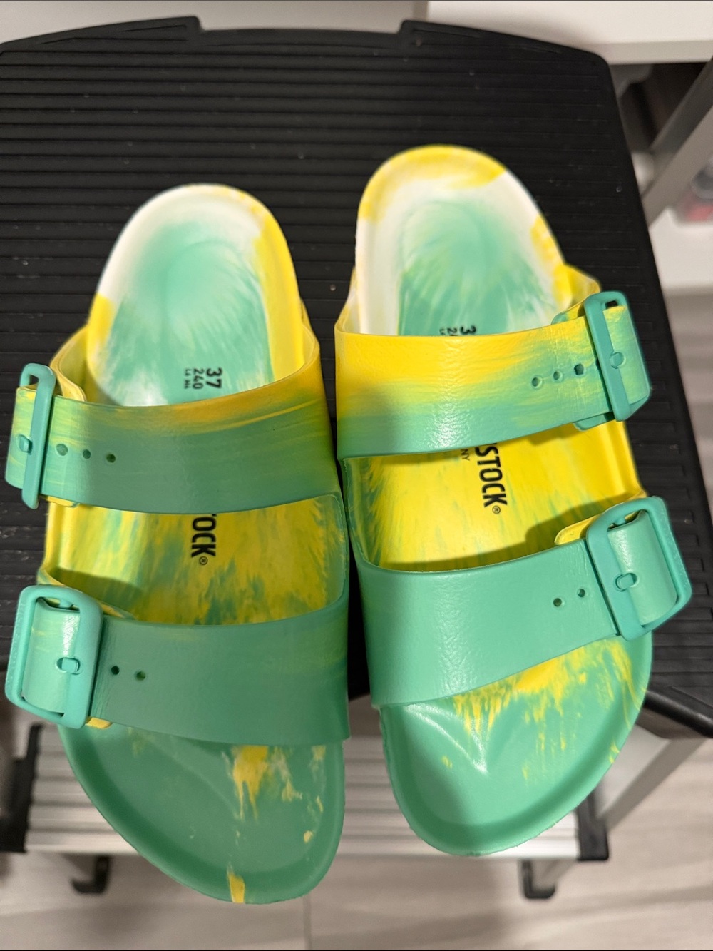 Birkenstock Green and Yellow Swirl Arizona EVA Sandals
